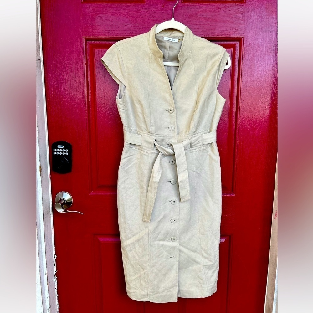Calvin Klein khaki linen dress sz 8 safari style button down minimal Old Money…